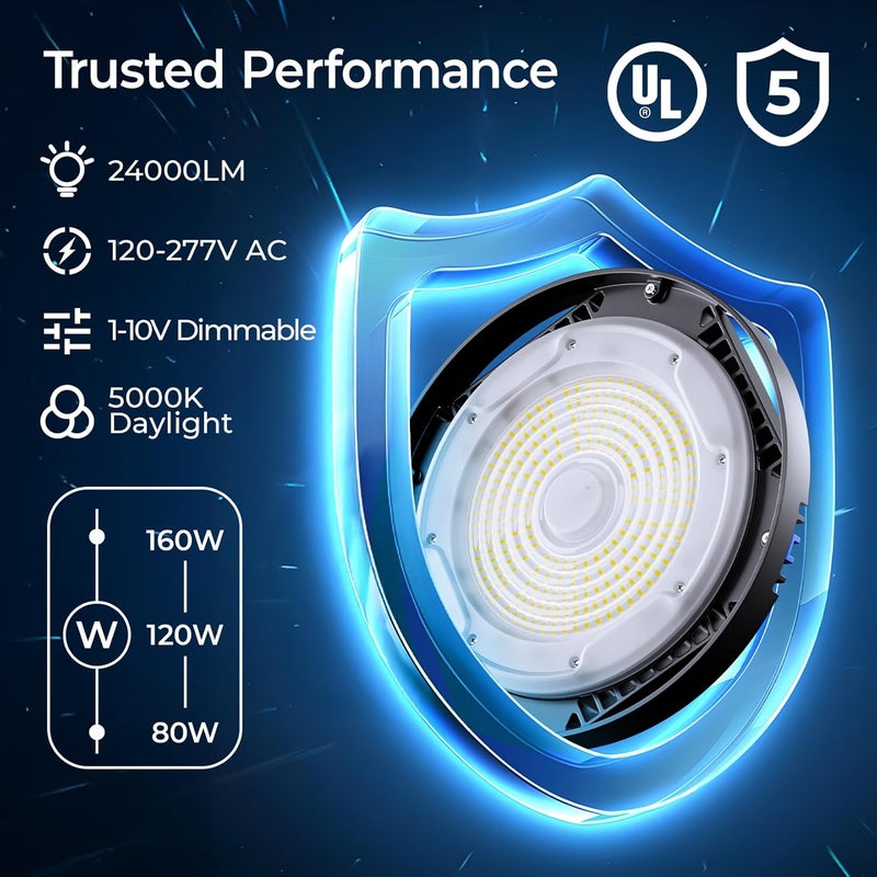 CINOTON UFO LED High Bay Light, 160W/120W/80W Switchable, AC100-277V LED Shop Lights with US Plug, 24000LM Dimmable 0-10V Commercial Bay Lighting for Garage Workshop 5000K Daylight-UL Listed, 4 Pack - Image 2